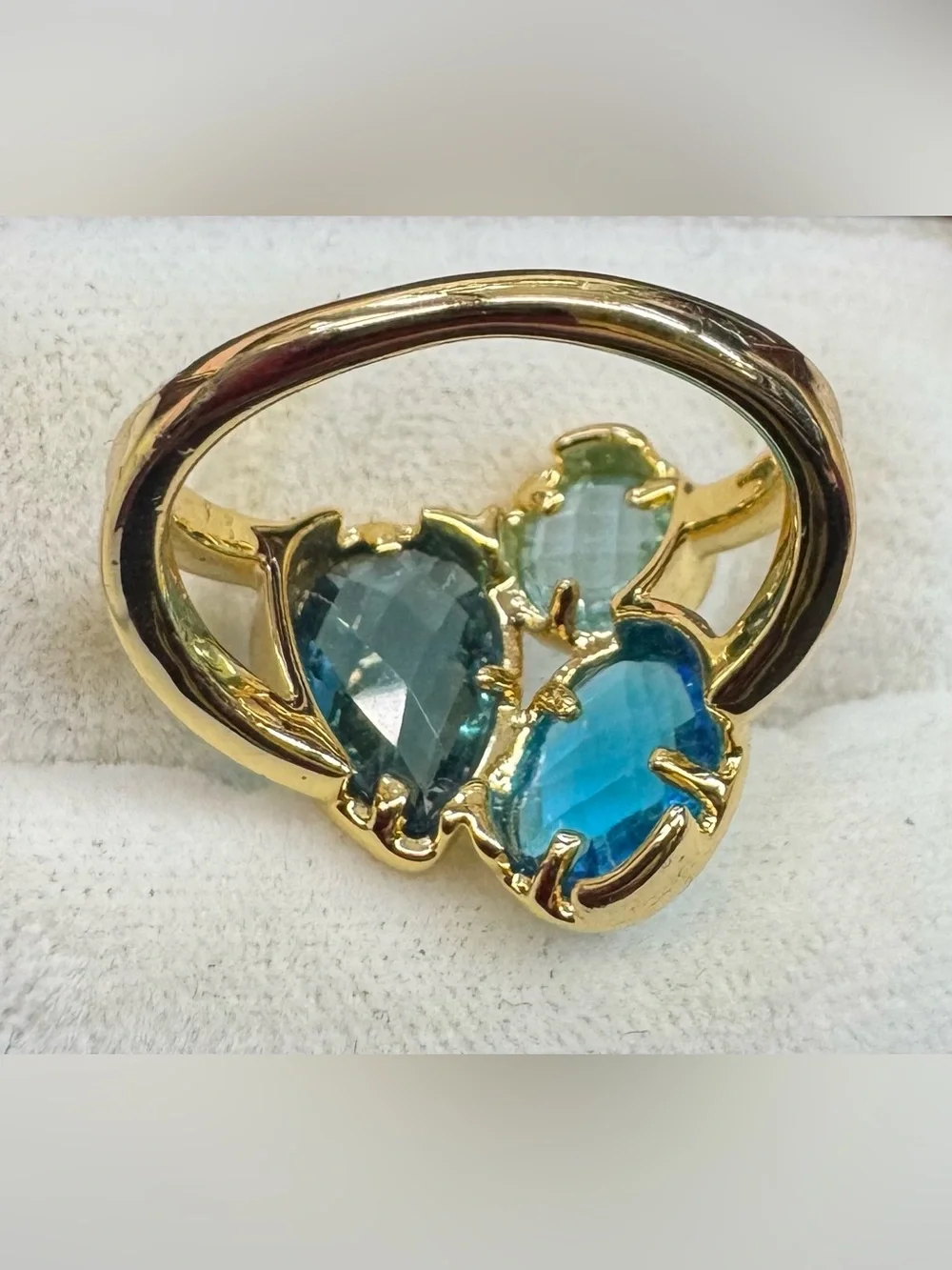 Gold Plated Ring with Aqua, Teal and Light Blue Gemstones - size 7-7.5